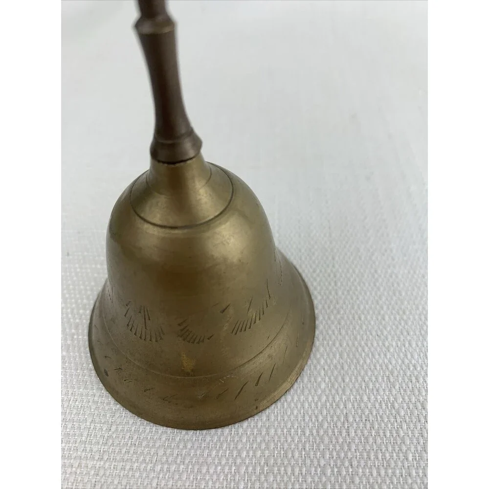 Vintage 6” Etched Brass Bell Made‎ In India Hand Bell Ringer Dinner Table